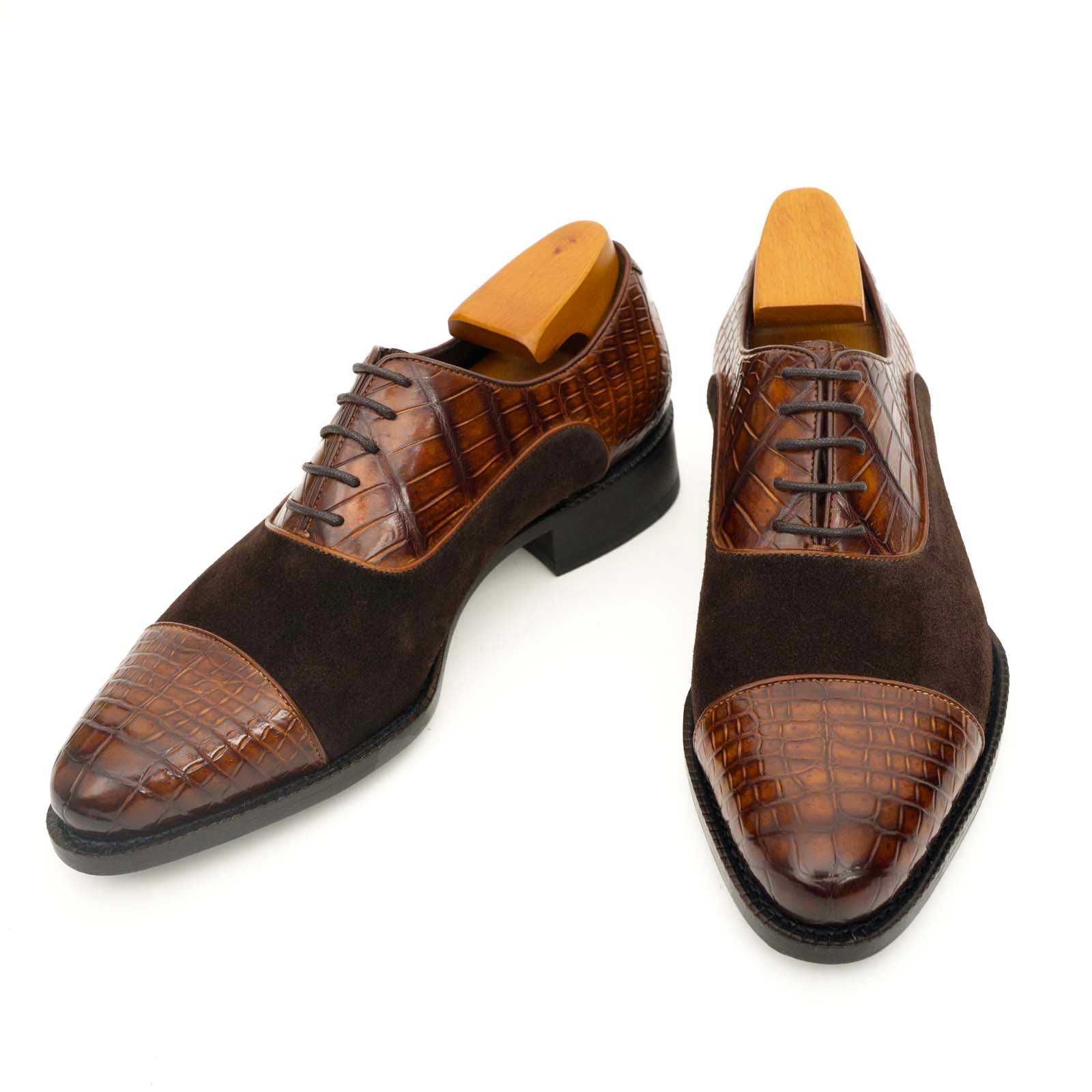 Brown Crocodile & Suede Oxford Shoes
