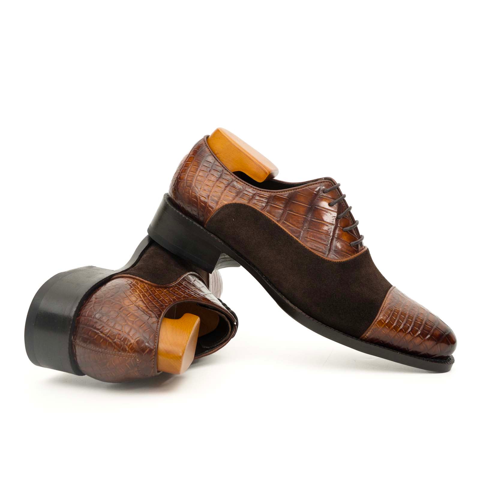 Brown Crocodile & Suede Oxford Shoes