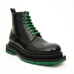 Black Lace-Up Boots with Green Sole