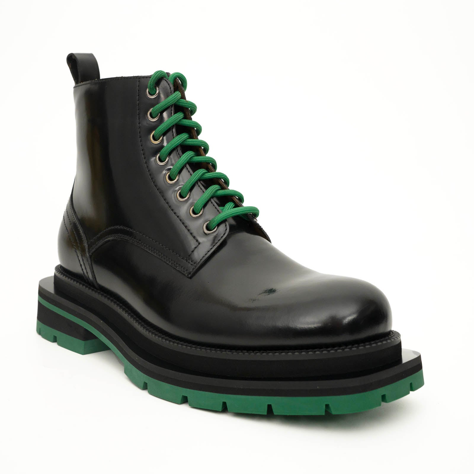 Black Lace-Up Boots with Green Sole