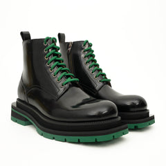 Black Lace-Up Boots with Green Sole