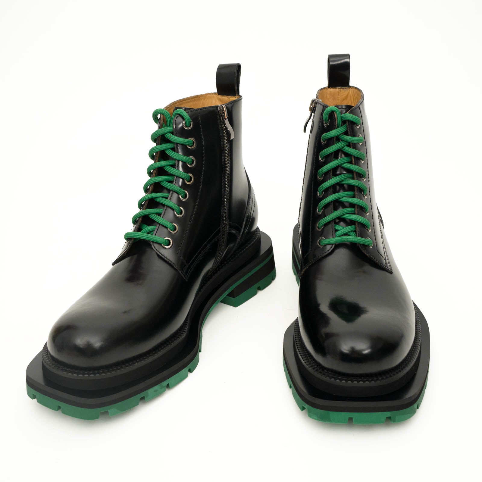 Black Lace-Up Boots with Green Sole