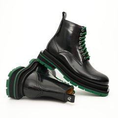 Black Lace-Up Boots with Green Sole