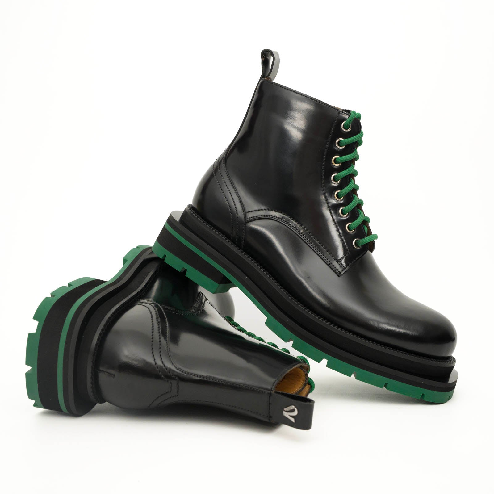 Black Lace-Up Boots with Green Sole
