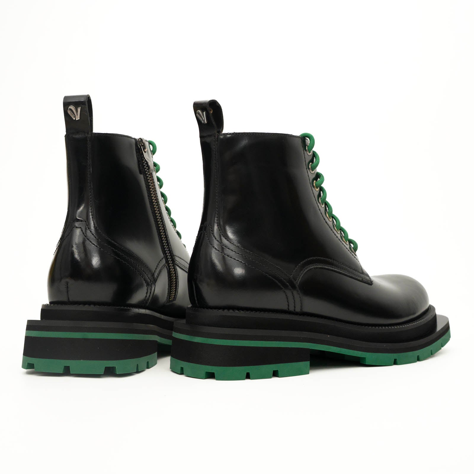 Black Lace-Up Boots with Green Sole