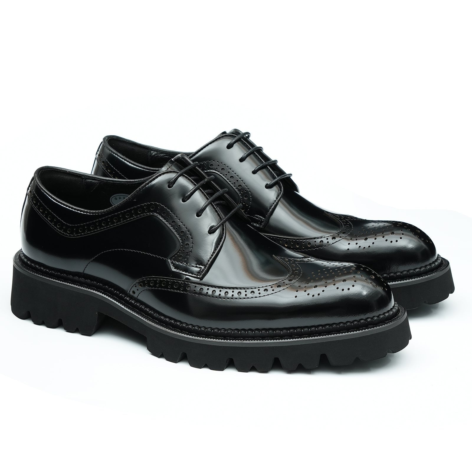 Patent leather glossy carved brogue pointed toe thick sole men's shoes D96128 Black - Divinch