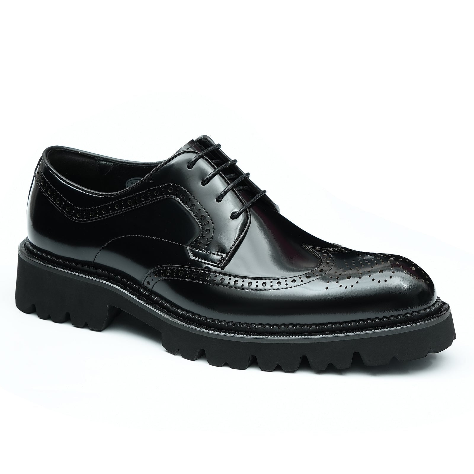 Patent leather glossy carved brogue pointed toe thick sole men's shoes D96128 Black - Divinch