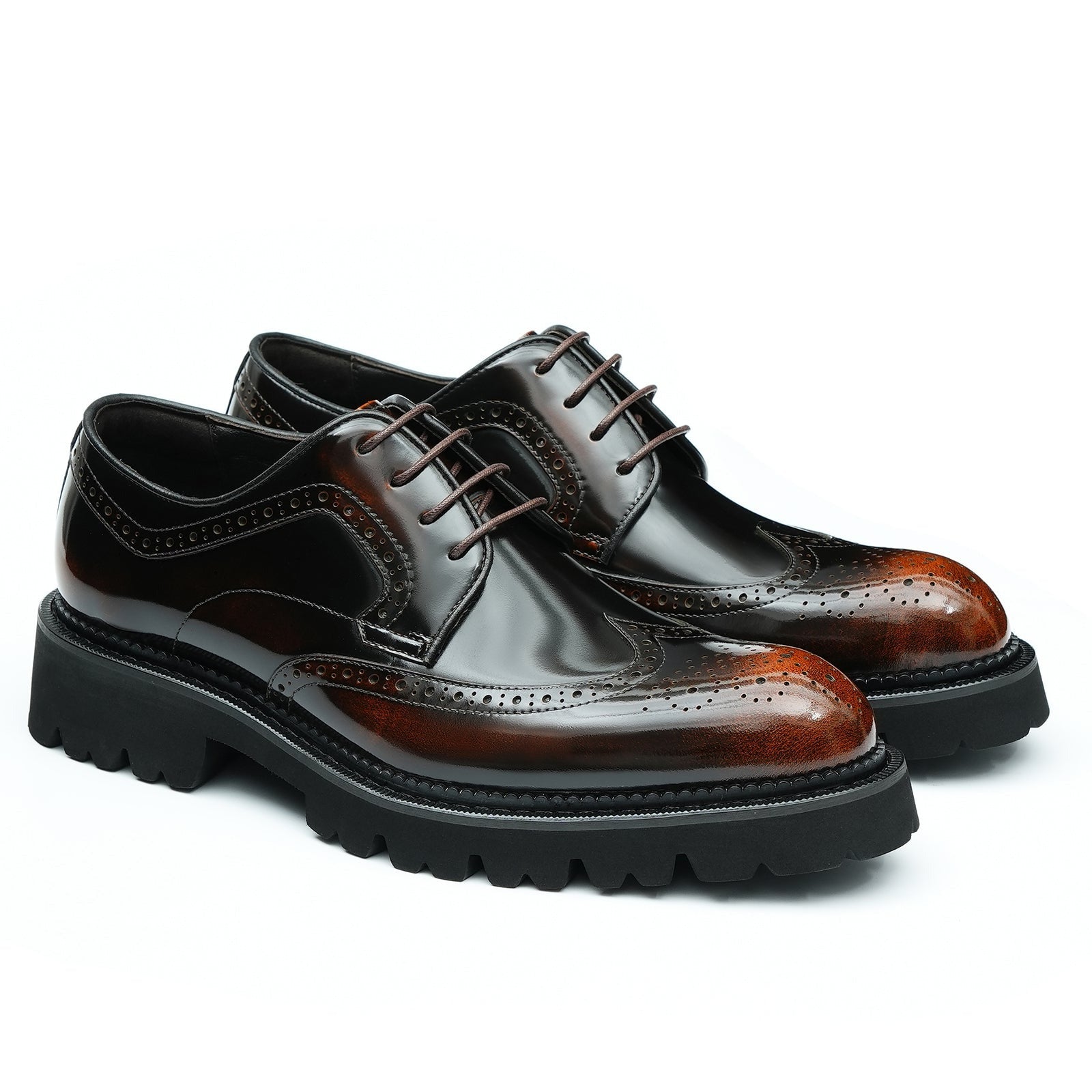 Patent leather glossy carved brogue pointed toe thick sole men's shoes D96128 Rub color brown - Divinch