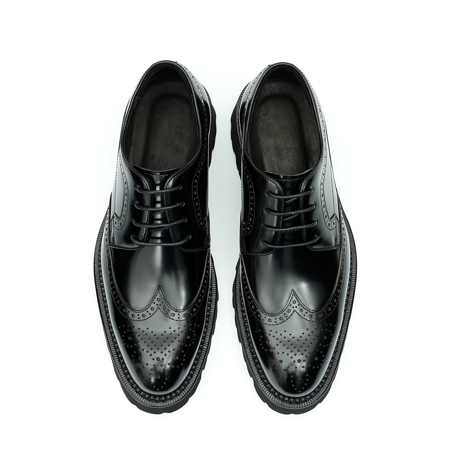 Patent leather glossy carved brogue pointed toe thick sole men's shoes D96128 Black - Divinch