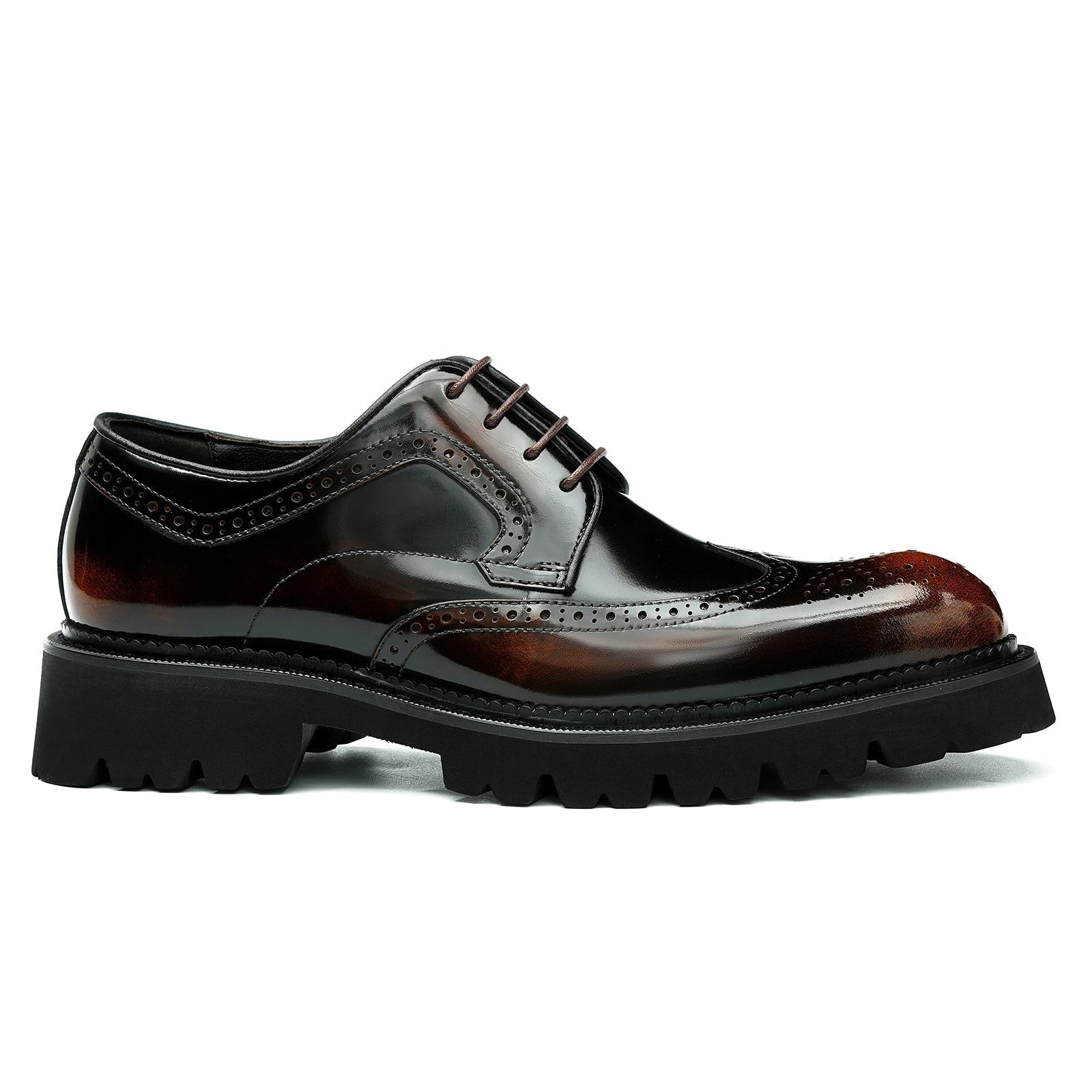 Patent leather glossy carved brogue pointed toe thick sole men's shoes D96128 Rub color brown - Divinch