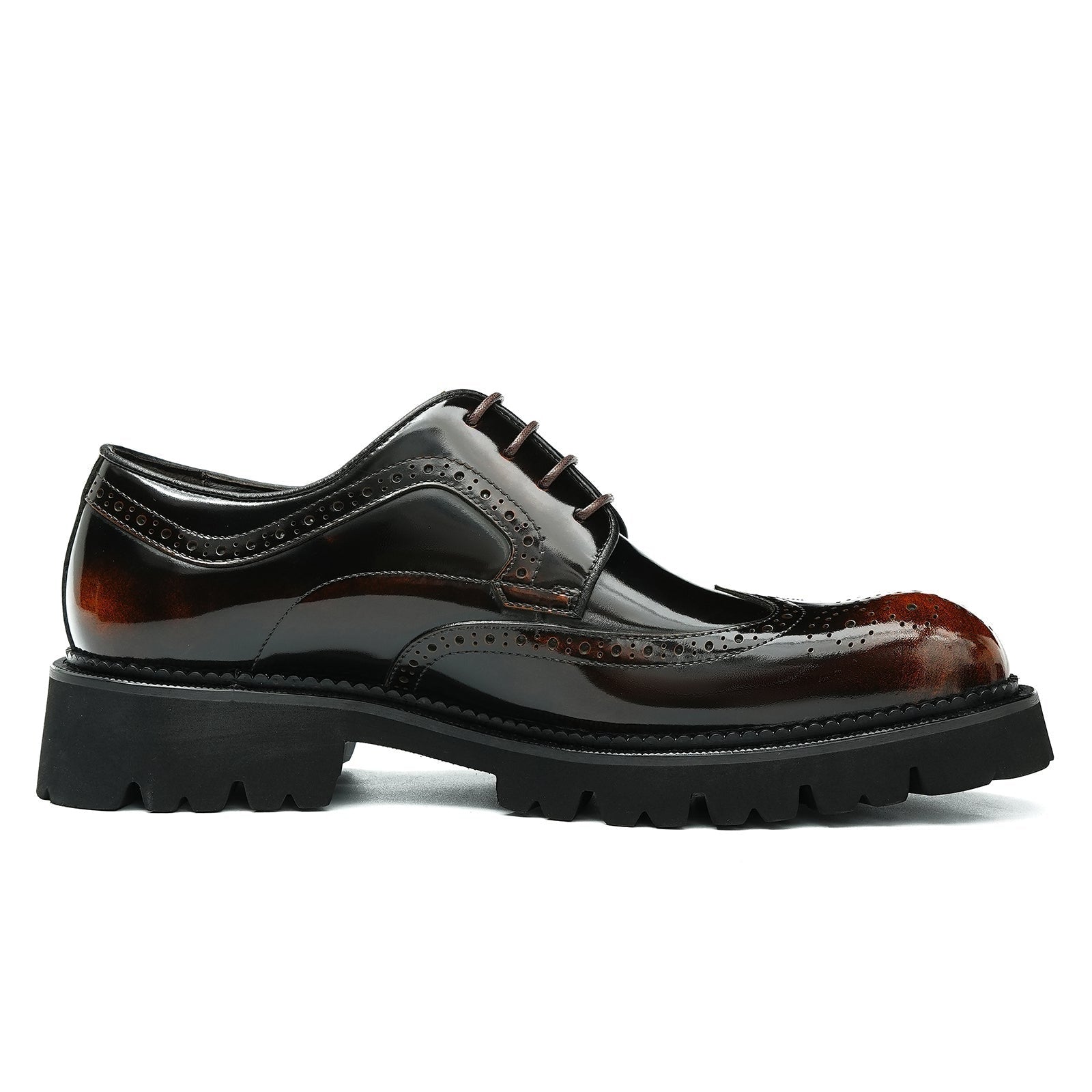 Patent leather glossy carved brogue pointed toe thick sole men's shoes D96128 Rub color brown - Divinch