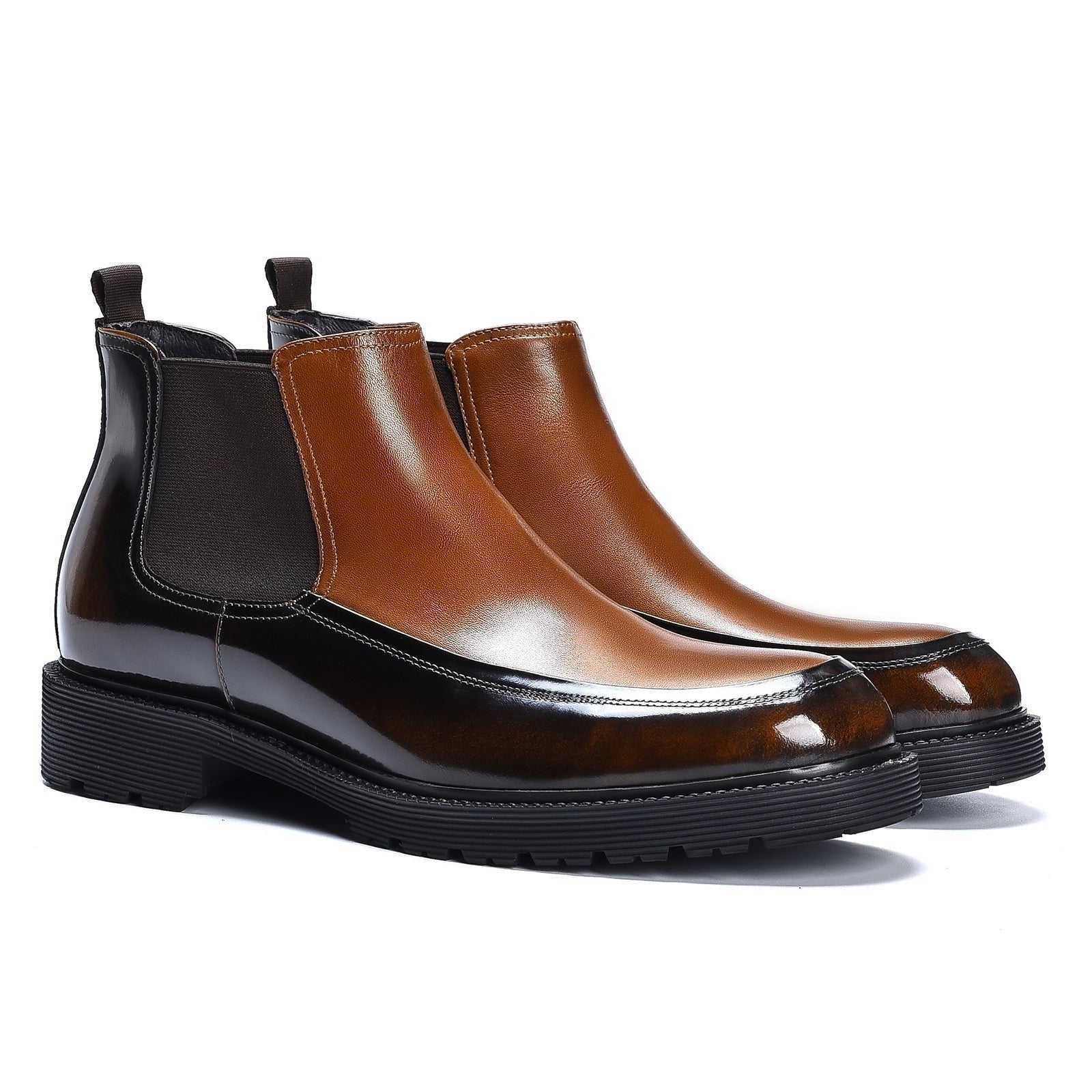 Men's Formal Business Patent Leather Color Block Chelsea Boots Brown D21016 - Divinch