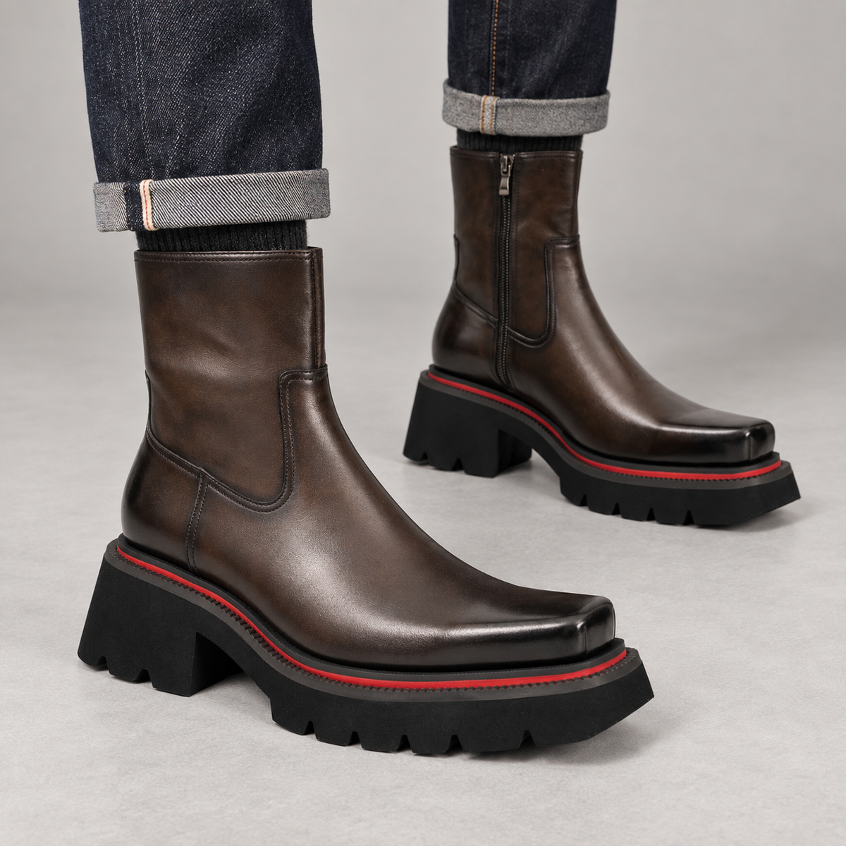 Dark brown side-zip ankle boots on foot