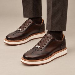 DIVINCH 6301A dark brown glossy platform plain-toe lace-up shoes on foot