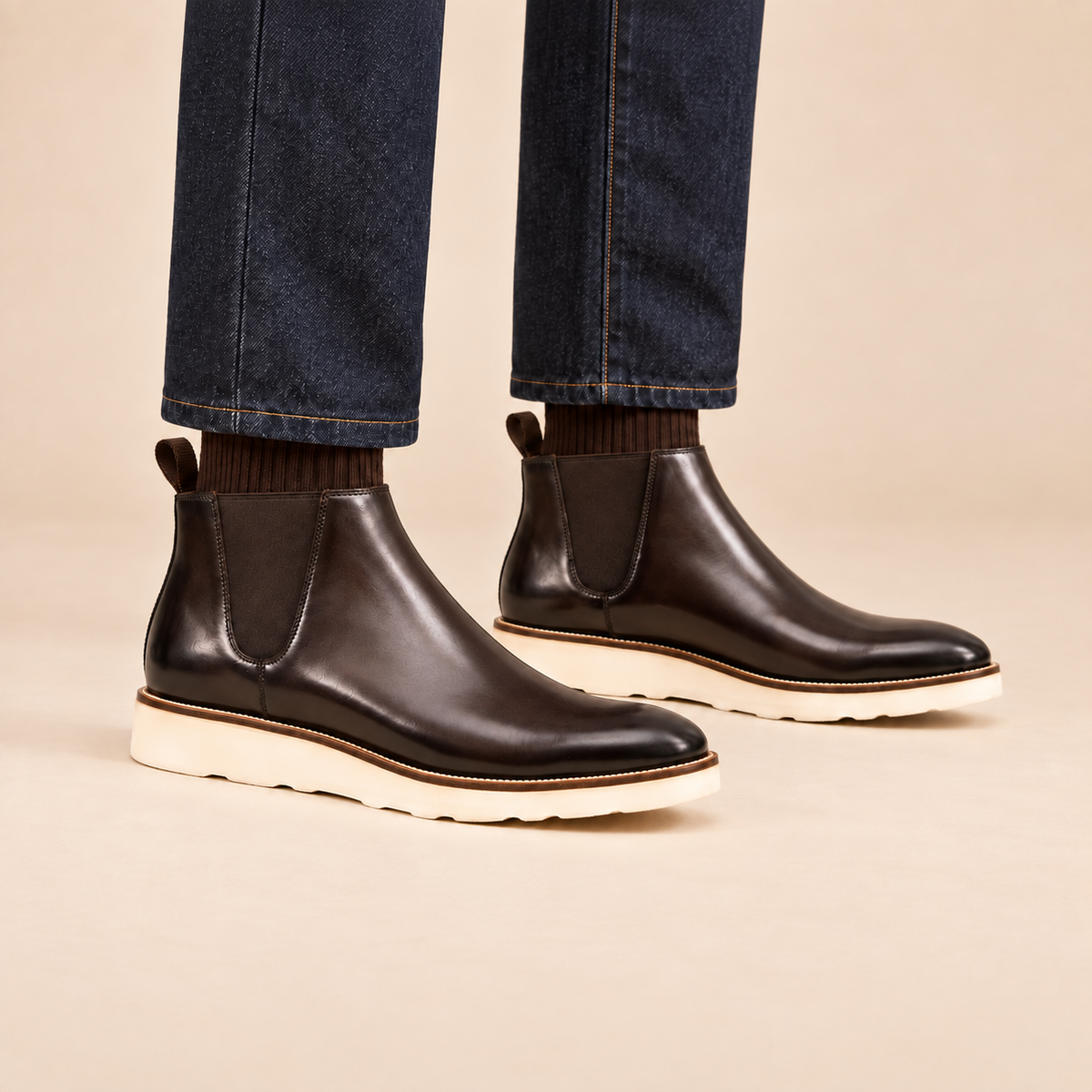 Dark Brown Glossy Treaded-Sole Plain-Toe Chelsea Ankle Boot on-foot hero