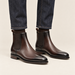 Dark Brown Plain-Toe Chelsea Boots with Pull Tab