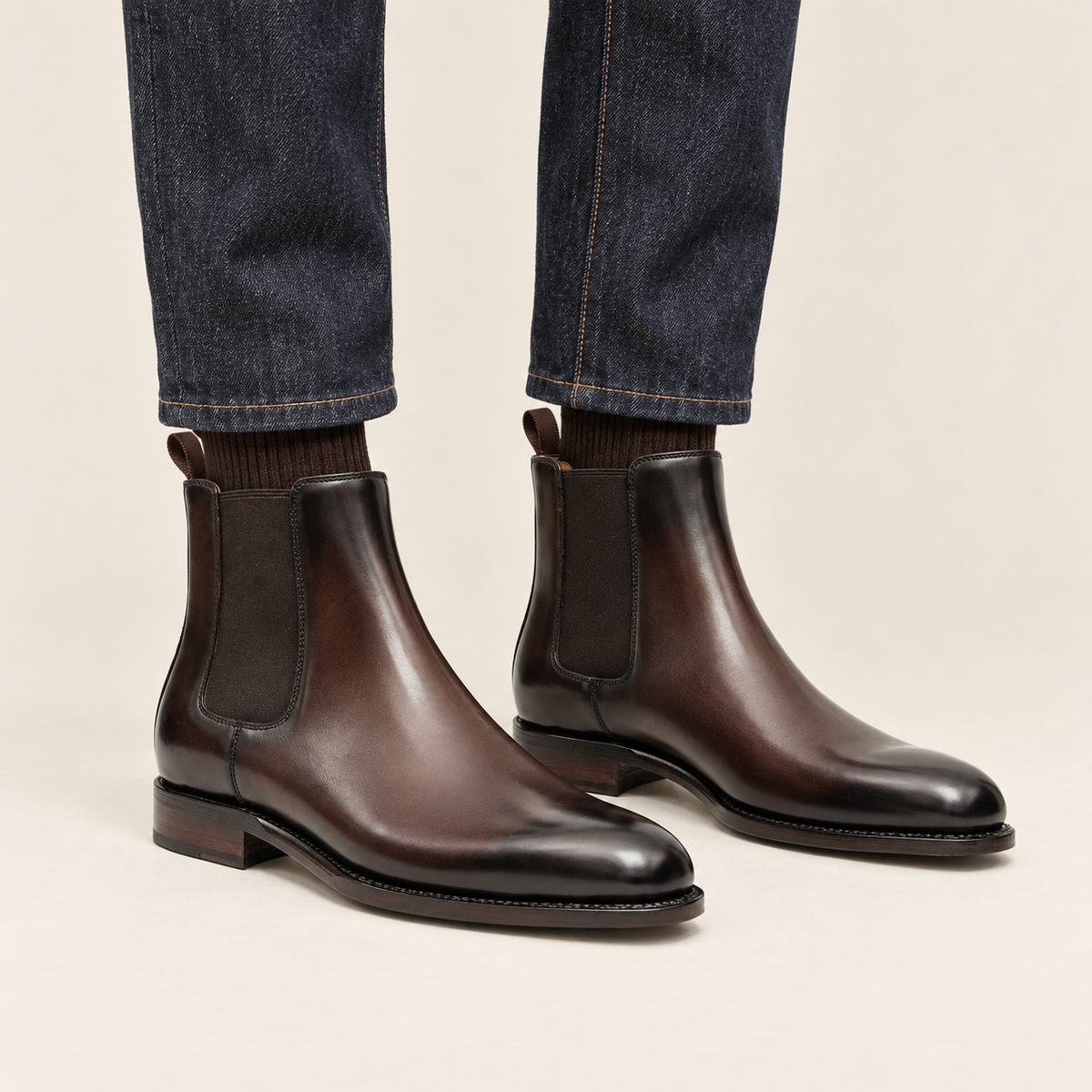 Dark Brown Plain-Toe Chelsea Boots with Pull Tab