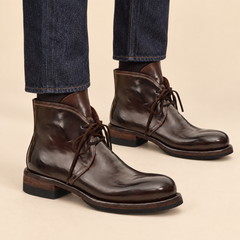 Dark Brown Glossy Plain-Toe Ankle Boot on-foot hero