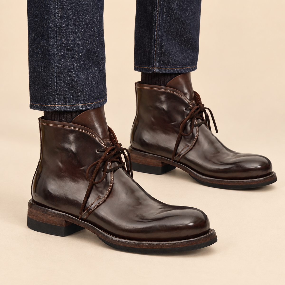 Dark Brown Glossy Plain-Toe Ankle Boot on-foot hero