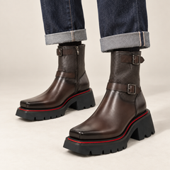 DIVINCH 5038A dark brown double-buckle platform ankle boots with cuffed wide-leg indigo jeans