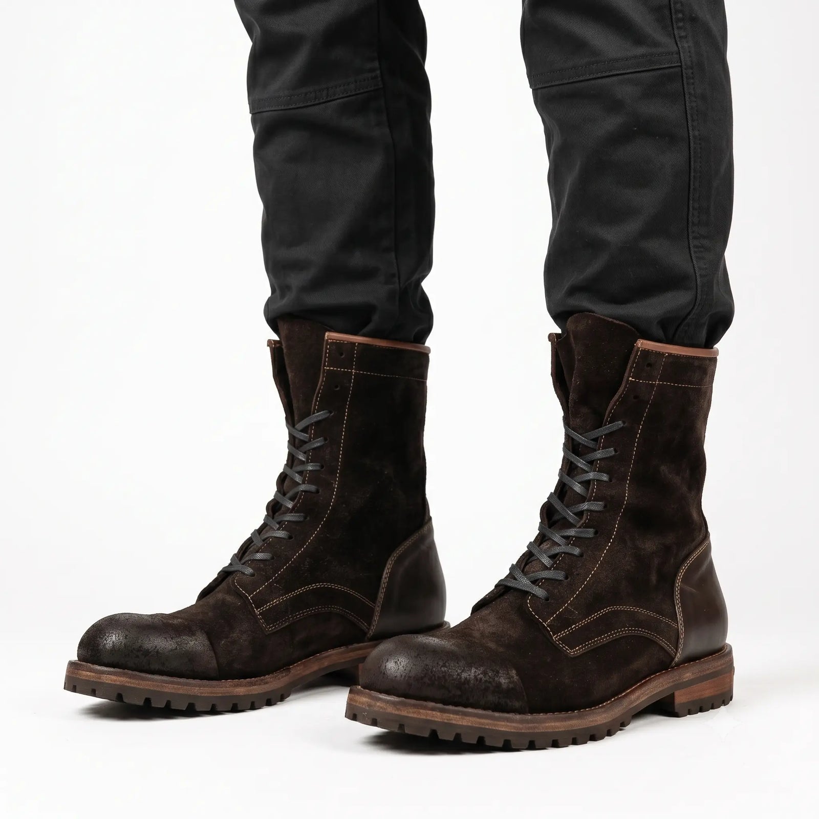Dark Brown Suede Lace-Up Combat Boots