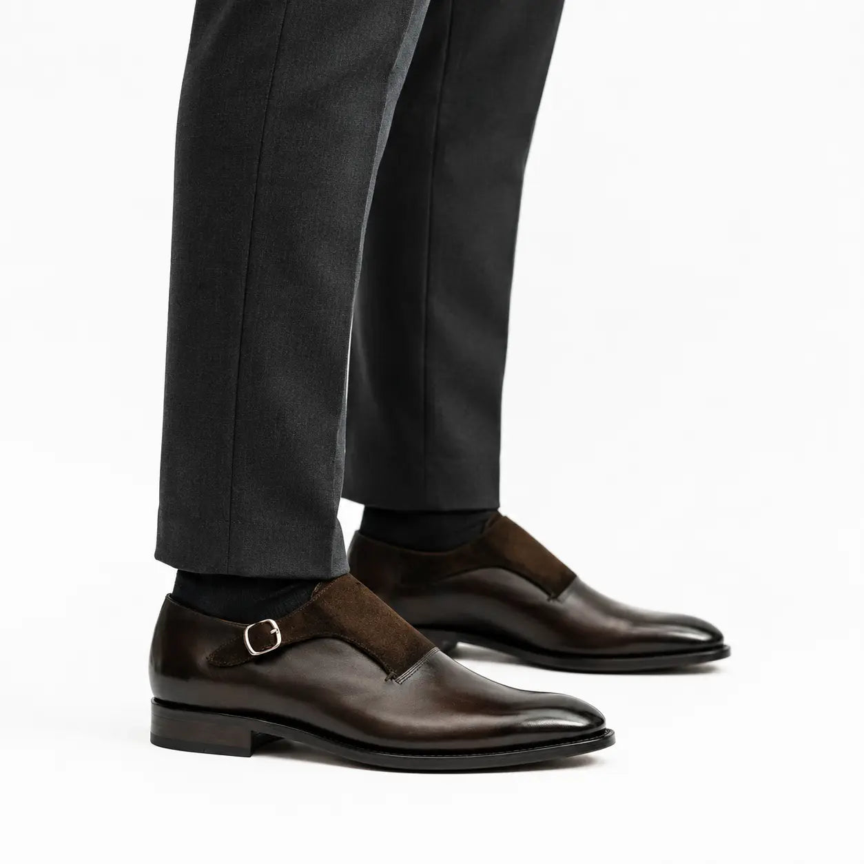 Dark Brown Suede-Panel Monk Shoe
