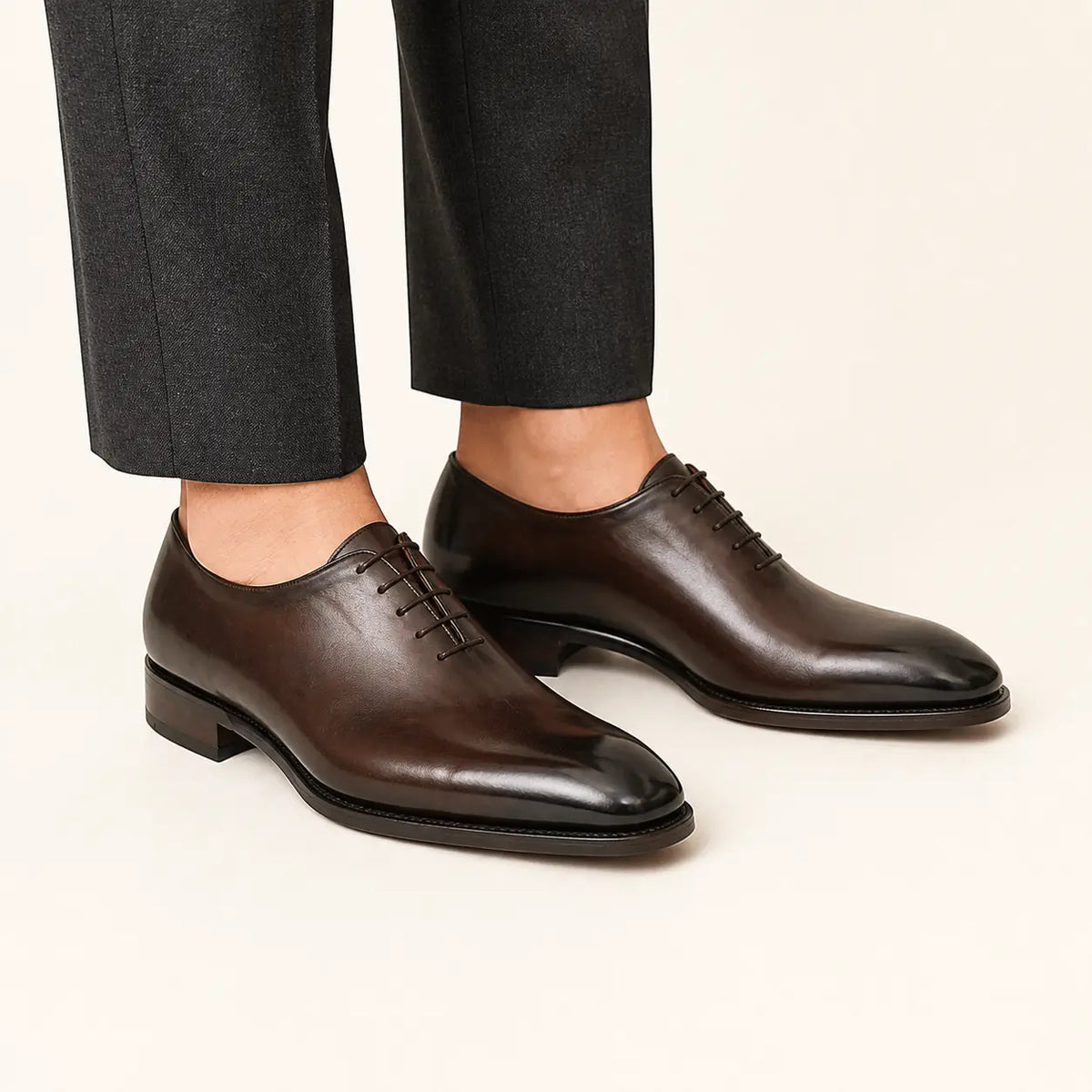 Dark Brown Wholecut Oxford Shoe — on-foot studio view