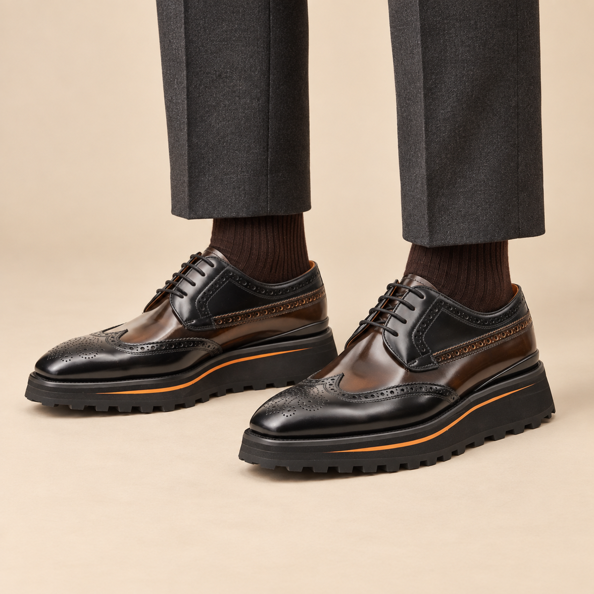 Dark Brown Shaded Wingtip Derby Shoes with Lug Sole — DIVINCH hero