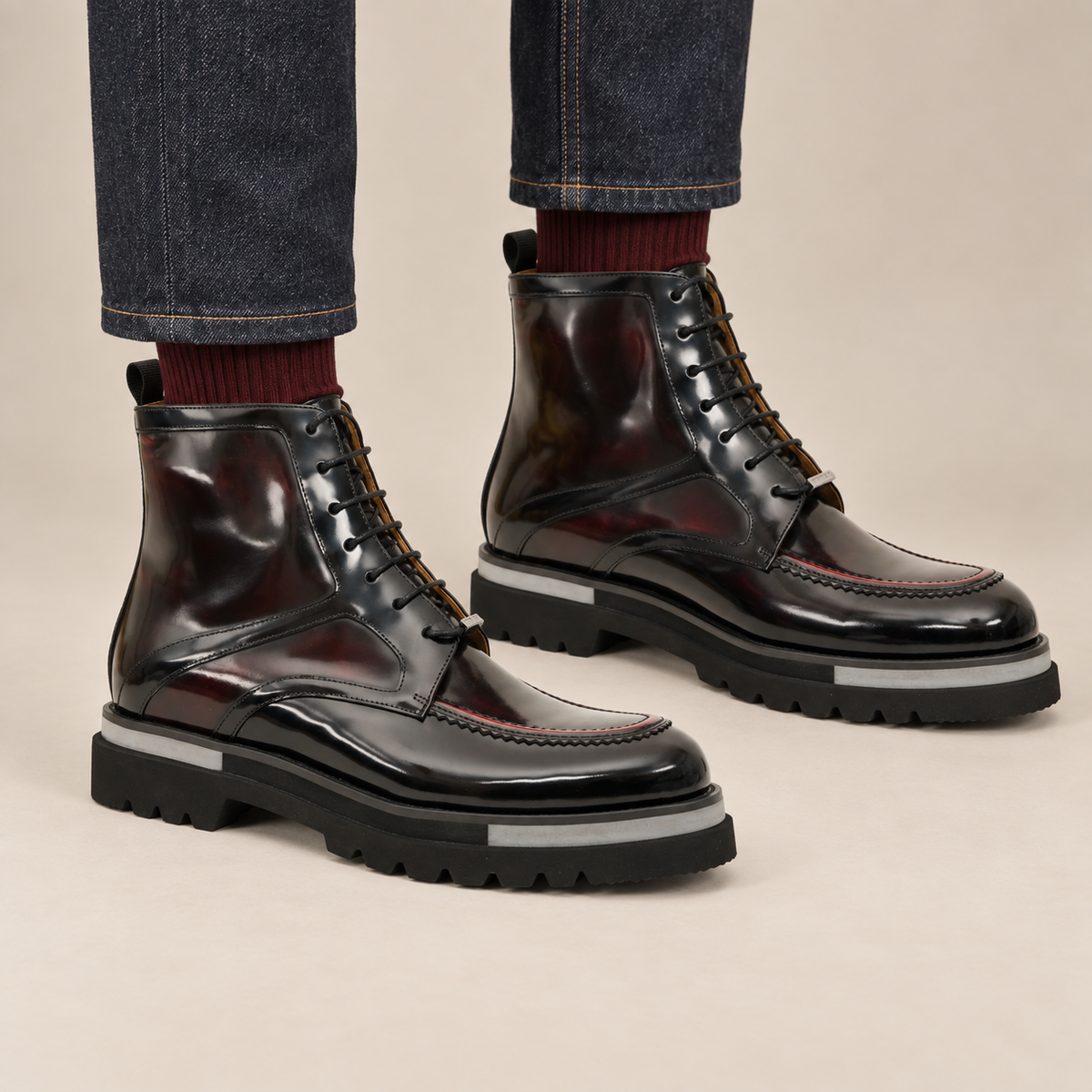 DIVINCH 6211D dark burgundy glossy lug-sole apron-toe ankle boots on foot