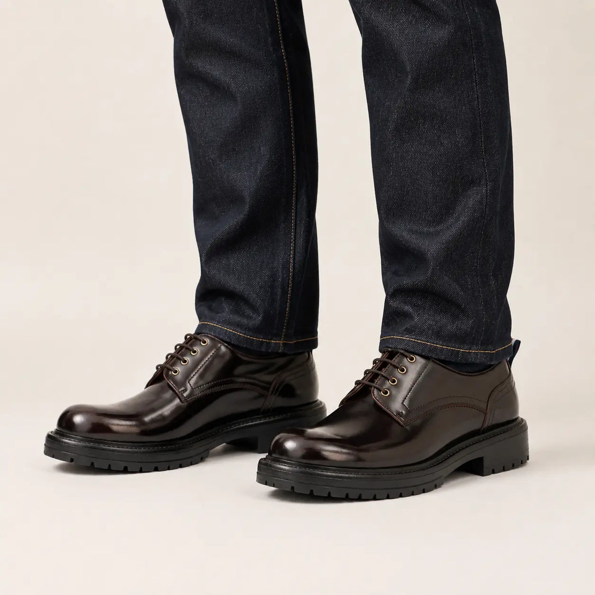 Dark Espresso Lug Derby — on-foot studio view