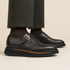 DIVINCH Dark Monk Strap Brogue Lift Shoe on foot — warm studio side profile