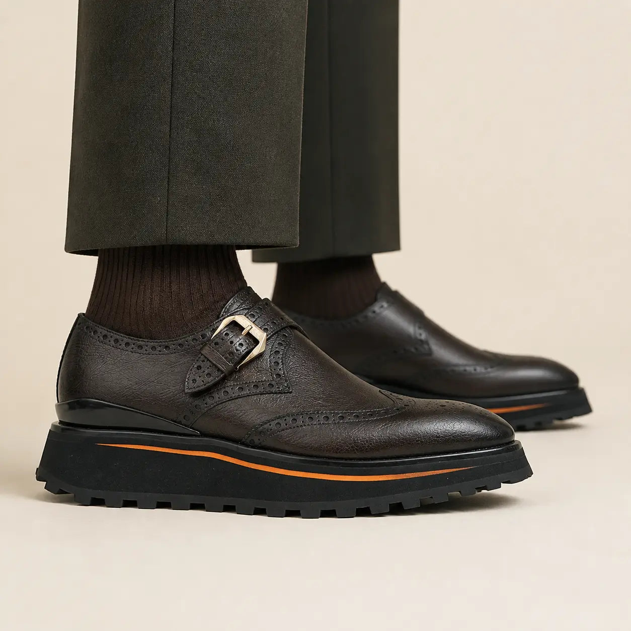DIVINCH Dark Monk Strap Brogue Lift Shoe on foot — warm studio side profile