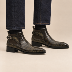 Dark Olive Gray Textured Plain-Toe Cutout Ankle Boot DIVINCH