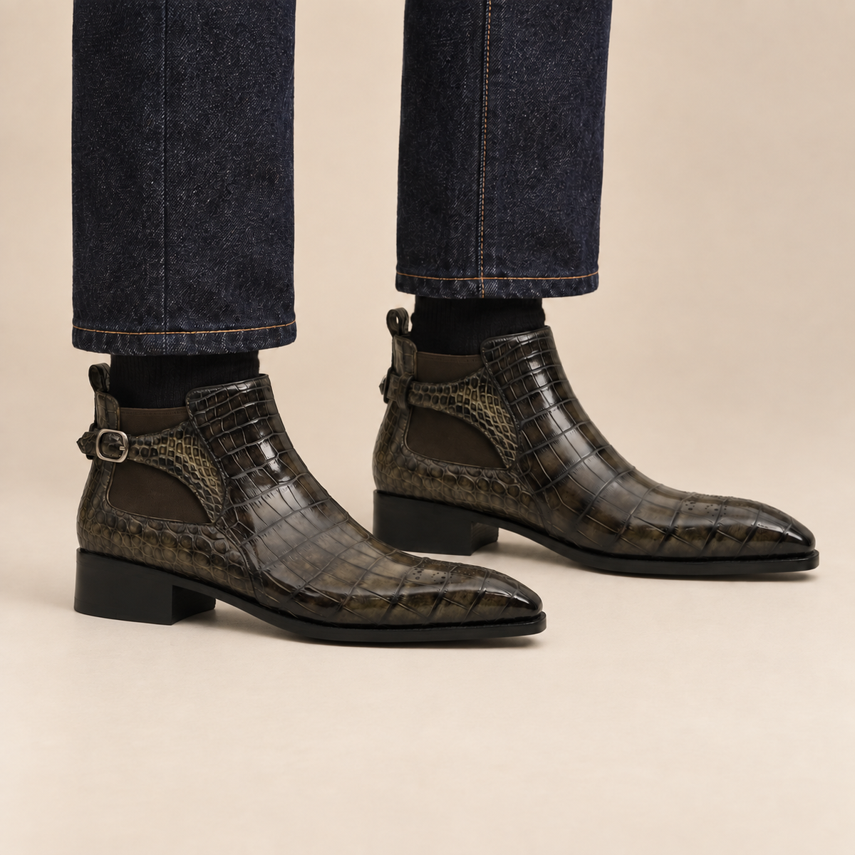 Dark Olive Gray Textured Plain-Toe Cutout Ankle Boot DIVINCH