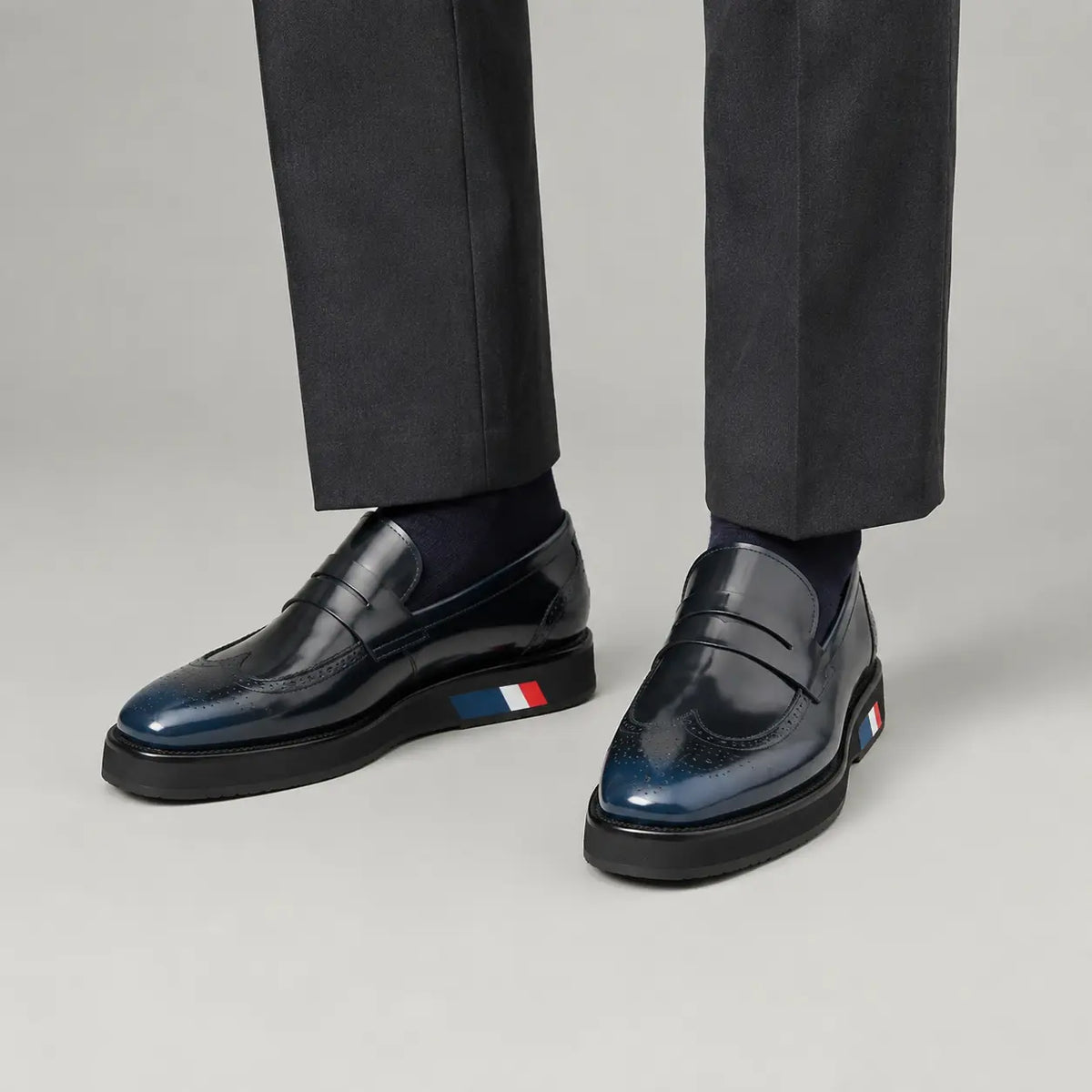 Deep Navy Penny Loafer with Foam Sole on-foot product photo
