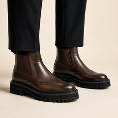 Espresso Chelsea Lug Boot — on-foot studio view