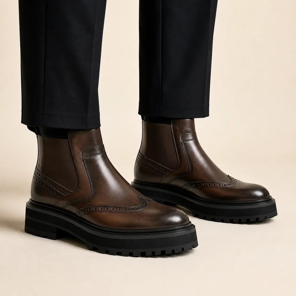 Espresso Chelsea Lug Boot — on-foot studio view