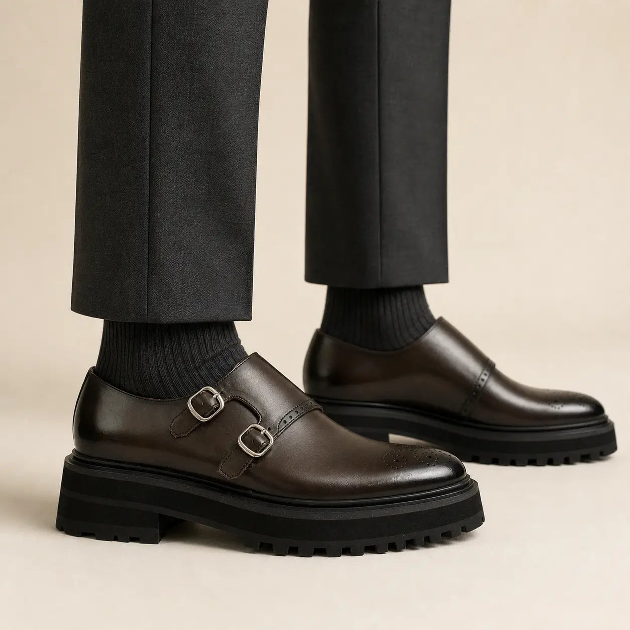 DIVINCH Espresso Double Monk Lug Shoe on foot — warm studio side profile
