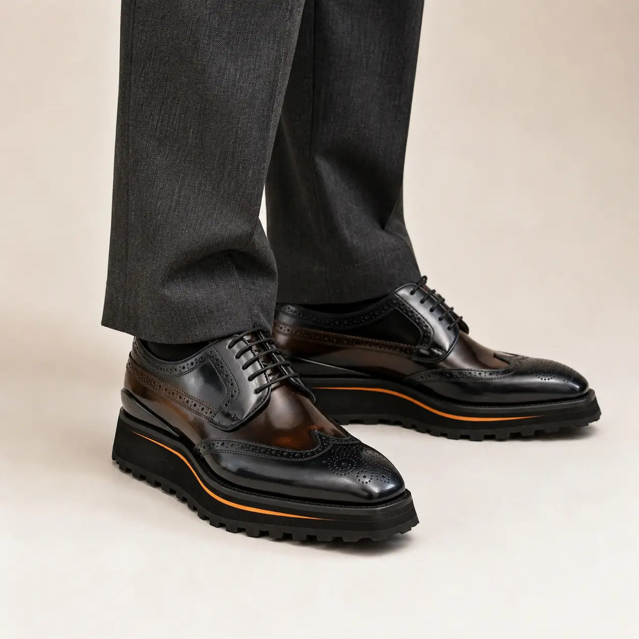 Espresso Lug Sole Wingtip Derby — on-foot studio view