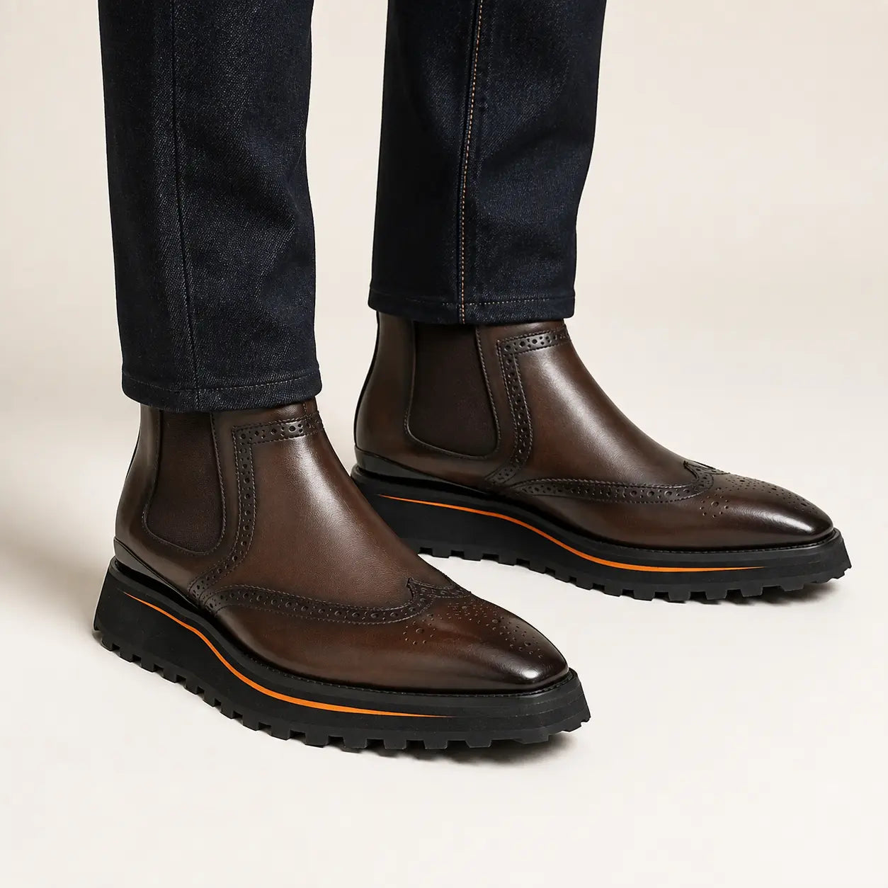 Espresso Wingtip Chelsea Boot — on-foot studio view