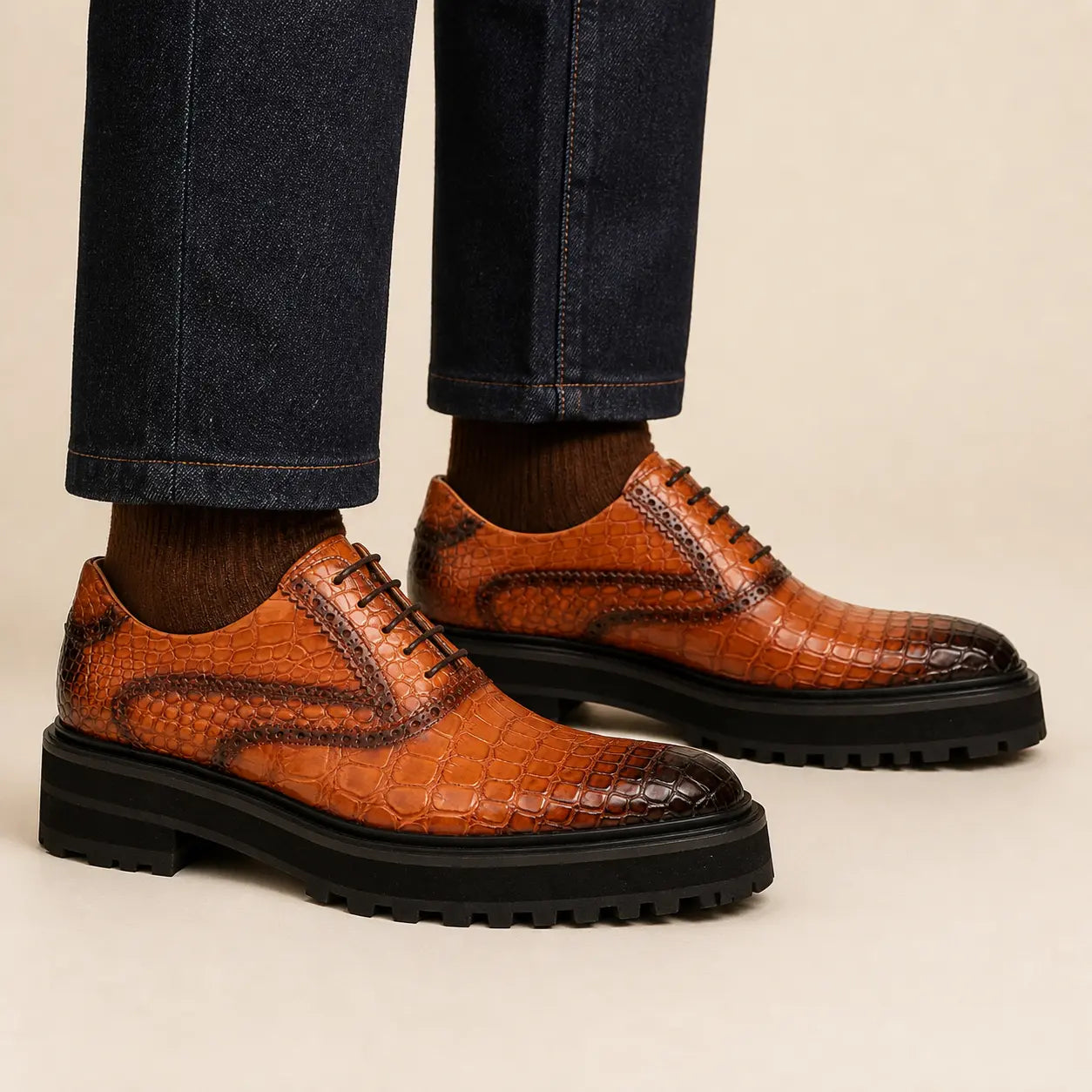 DIVINCH cognac crocodile Oxford brogue with platform lug sole worn on foot