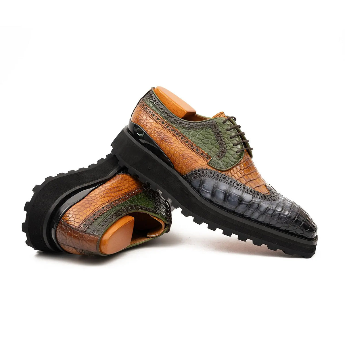 Genuine Crocodile Leather Handmade Grey Brown Brogue Shoes - Divinch