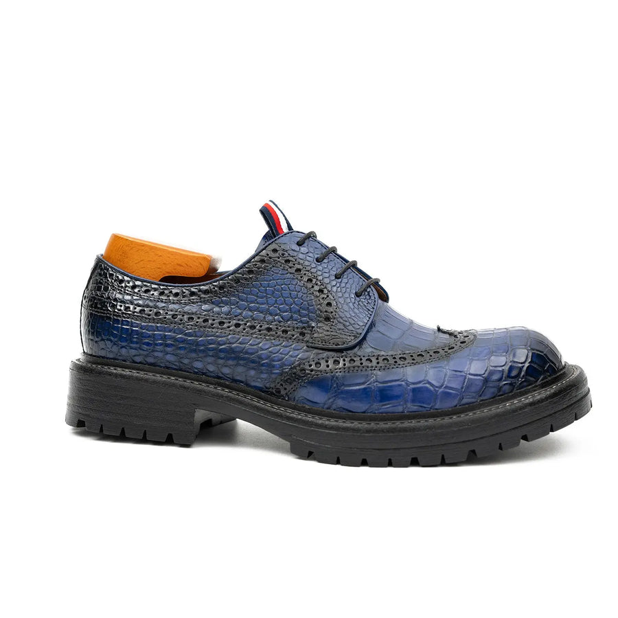 Derby Brogue in coccodrillo blu bicolor