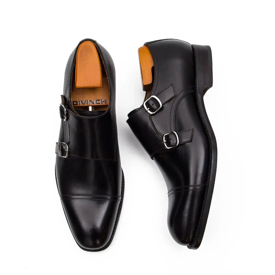 Chaussures à double boucle moine noir cousues Goodyear