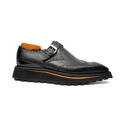Black Brogued Monk Shoes with Lug Sole