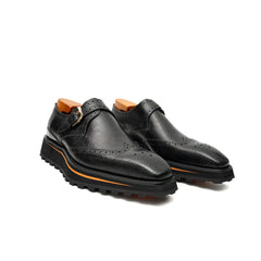 Black Brogued Monk Shoes with Lug Sole