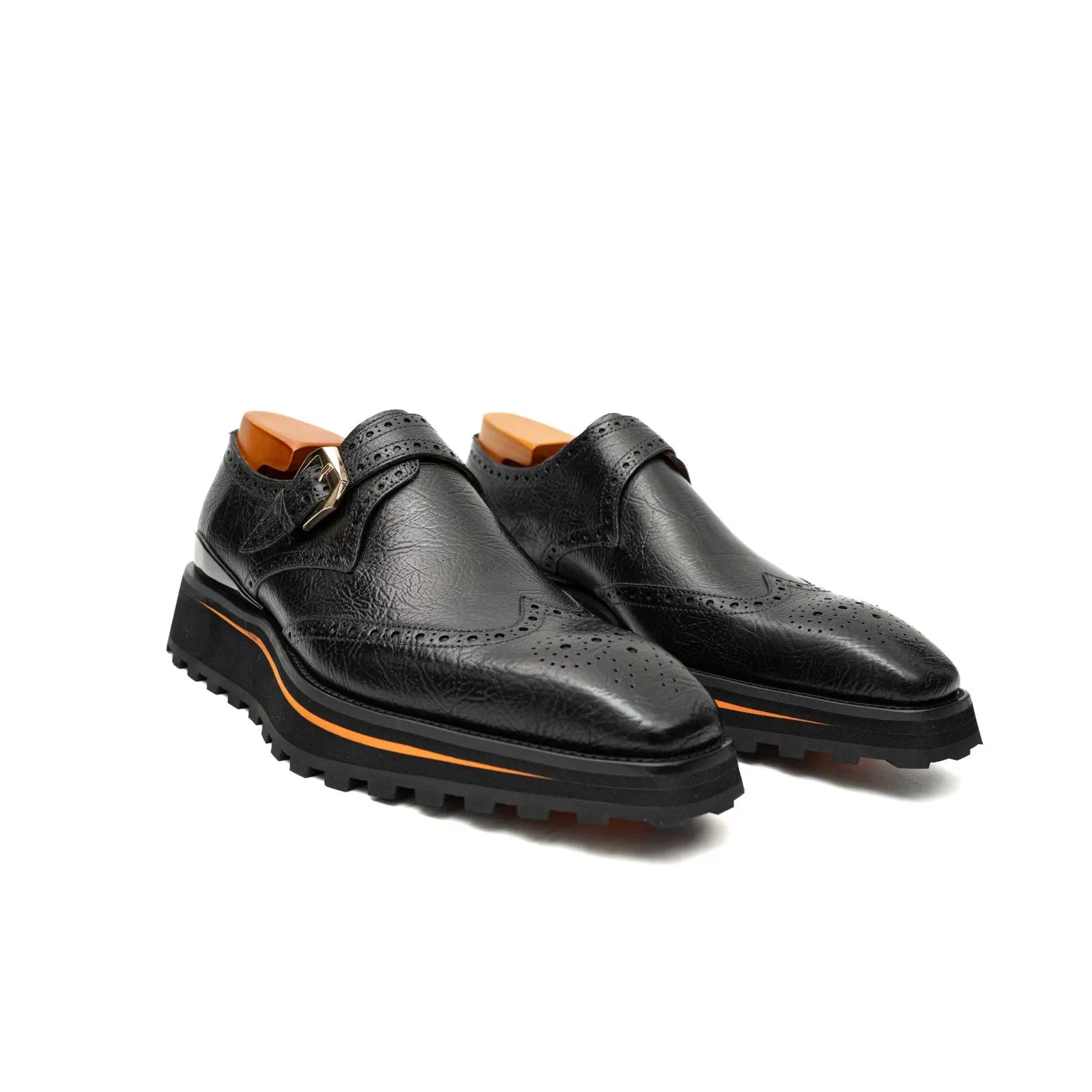 Black Brogued Monk Shoes with Lug Sole