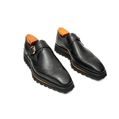 Black Brogued Monk Shoes with Lug Sole