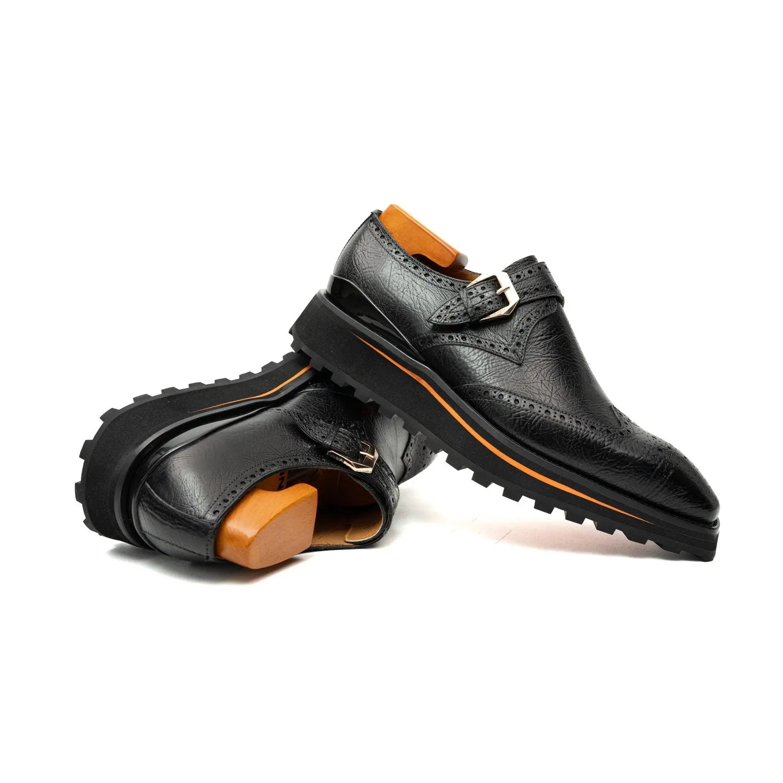 Black Brogued Monk Shoes with Lug Sole