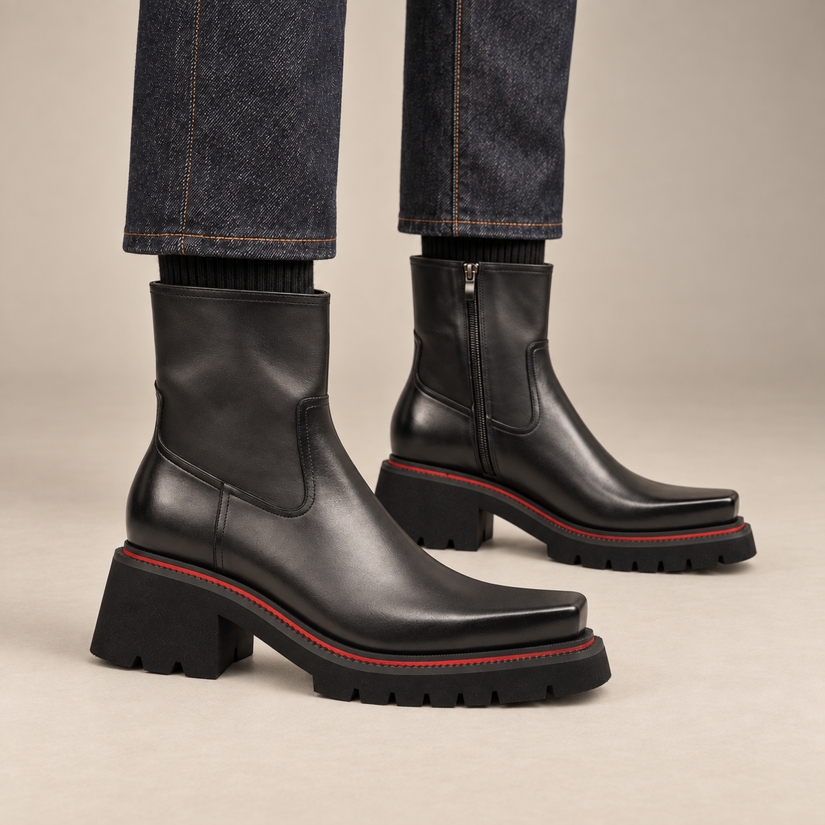 Dark gray-black lug sole side-zip ankle boots on foot